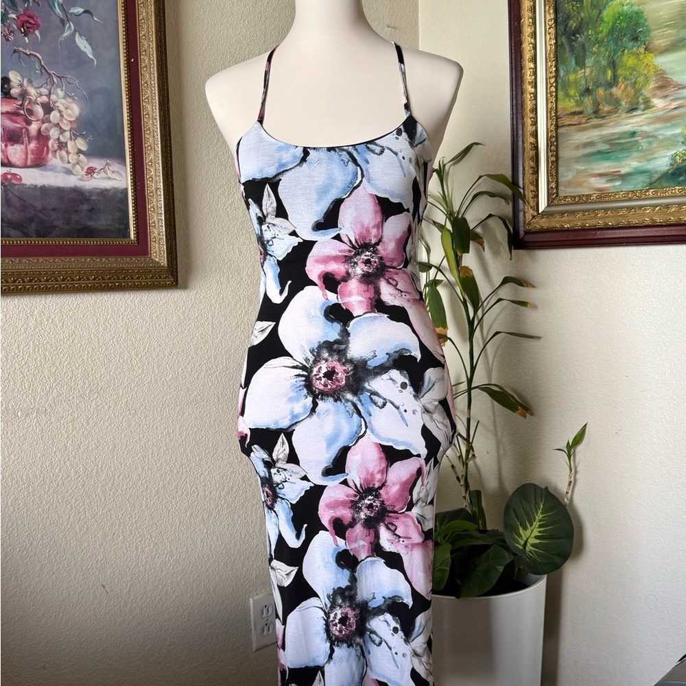 Floral Maxi Dress with Pink and Blue Flowers